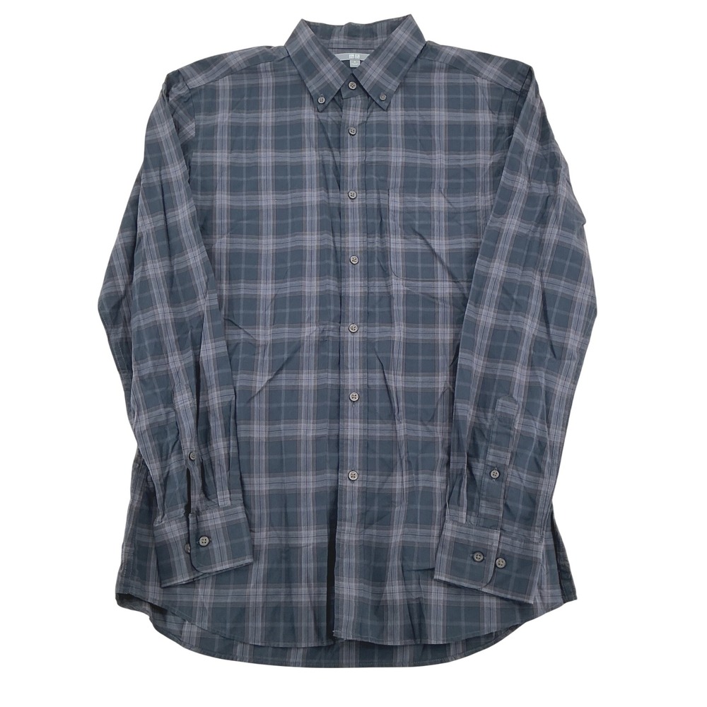 Uniqlo Button Down Shirt Mens M Grey Plaid Long Sleeve Regular Fit Casual Prep